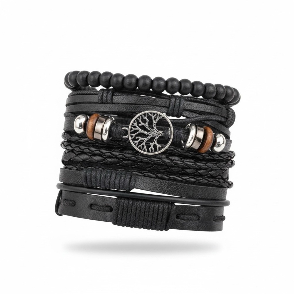 Men's Black Leather Bracelet Set Tree of Life Beaded Braided Boho Jewelry